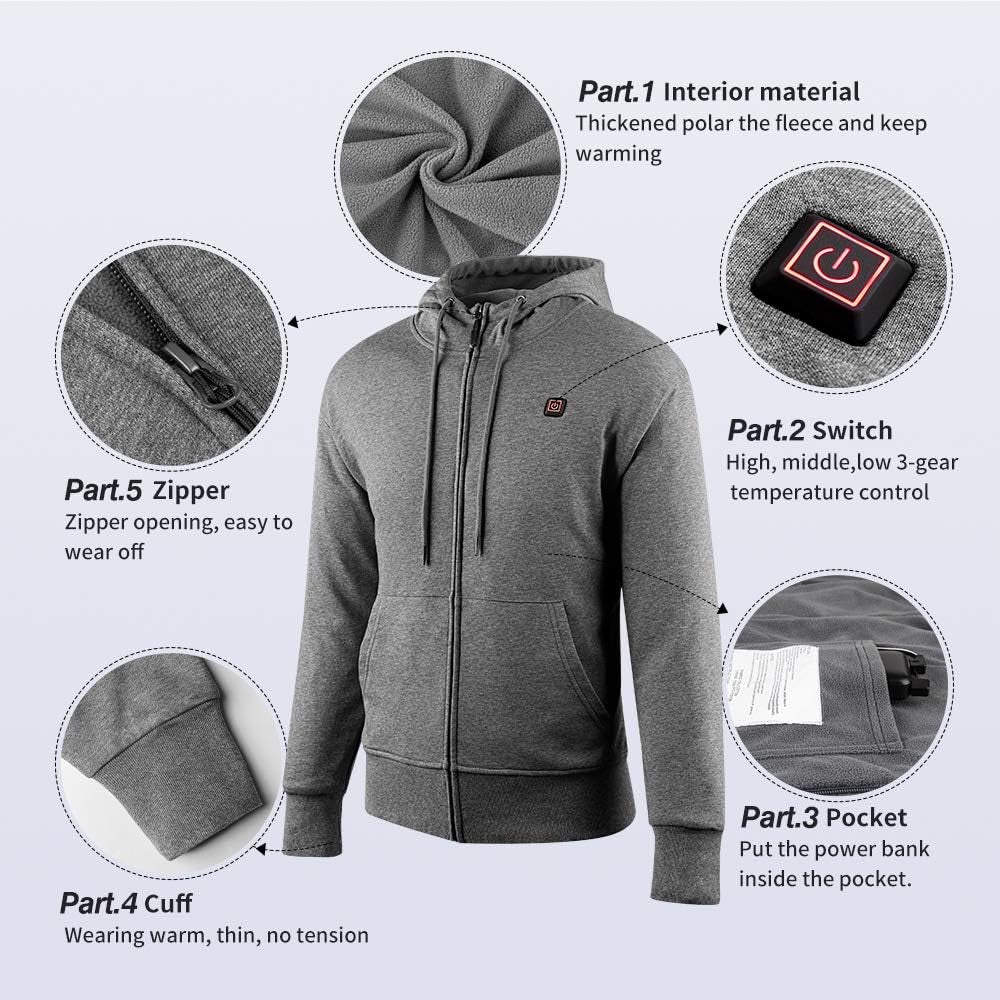 Heated Hoodie with USB 5V 10000Mah Battery Pack Men and Women (Unisex) Washable Zip Fleece Hooded Sweatshirt