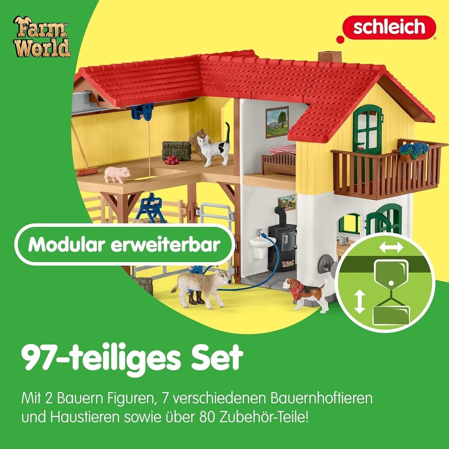 Schleich Farm World — Large Farm House, 97-Piece Toy Farm House with 3 Roo