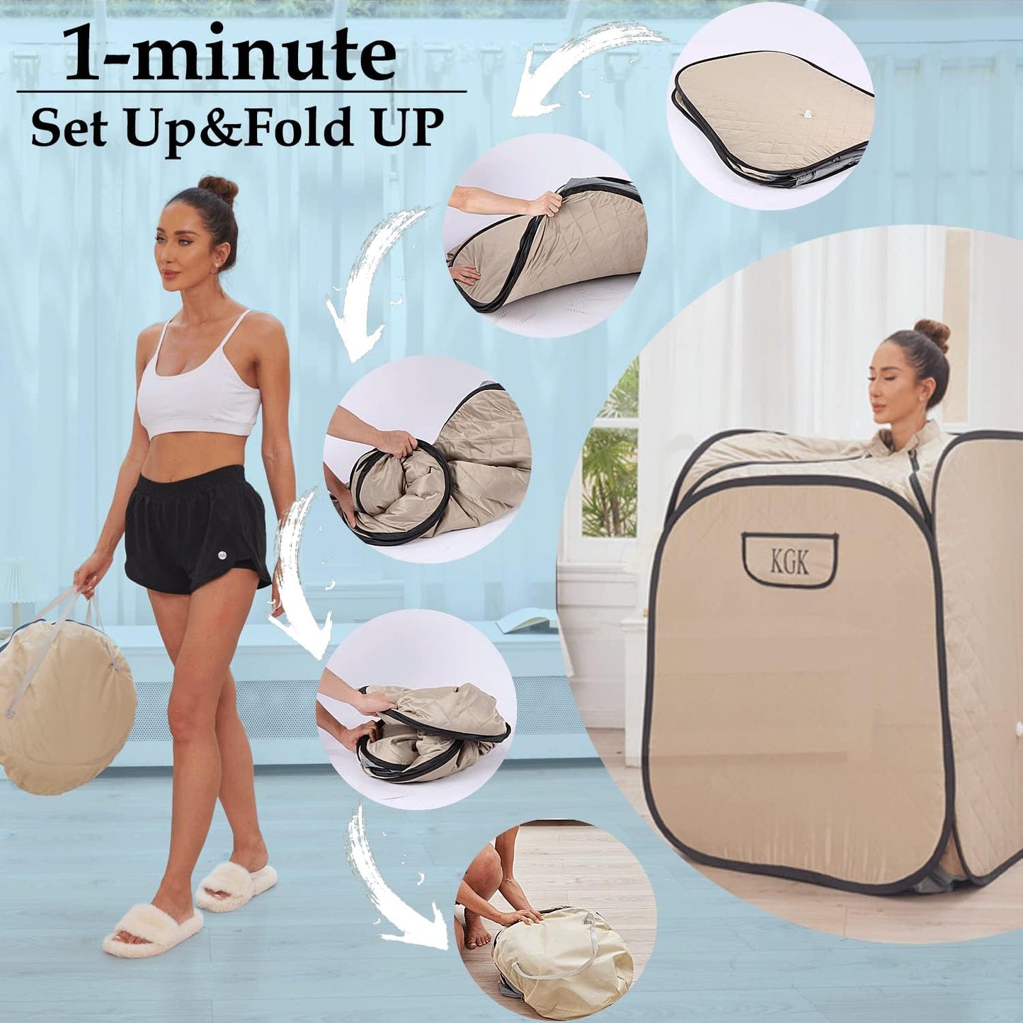 Portable Steam Sauna for Home, 3L Personal Sauna Steamer Full Body, 800W Indoor Sauna Tent, Steam Room with 9 Adjustable Temperature, Remote Control, Foldable Chair for Detox, Relaxation (Linen)