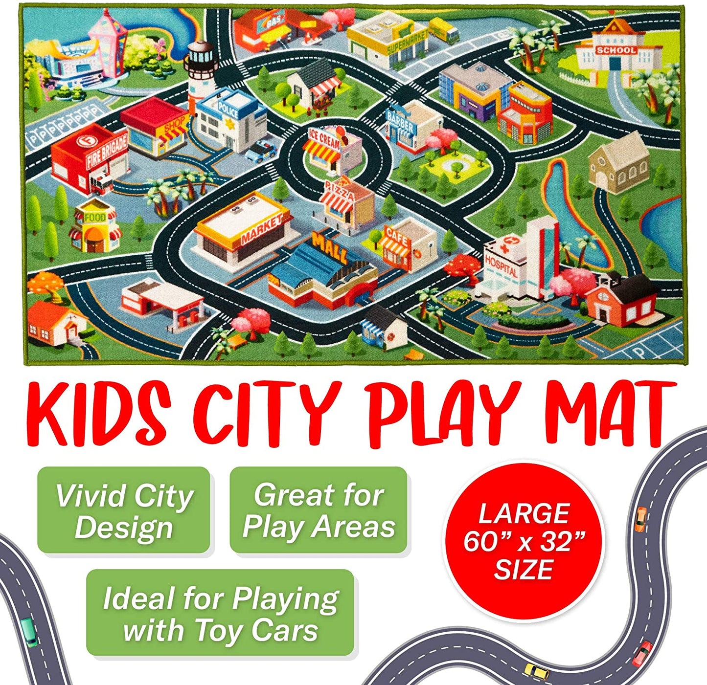 Kids Car Rug Play Mat - Vibrant Kids Carpet for Toy Cars, Road Rug Adventures in Toddler Room - Durable, Non-Slip & Easy Clean