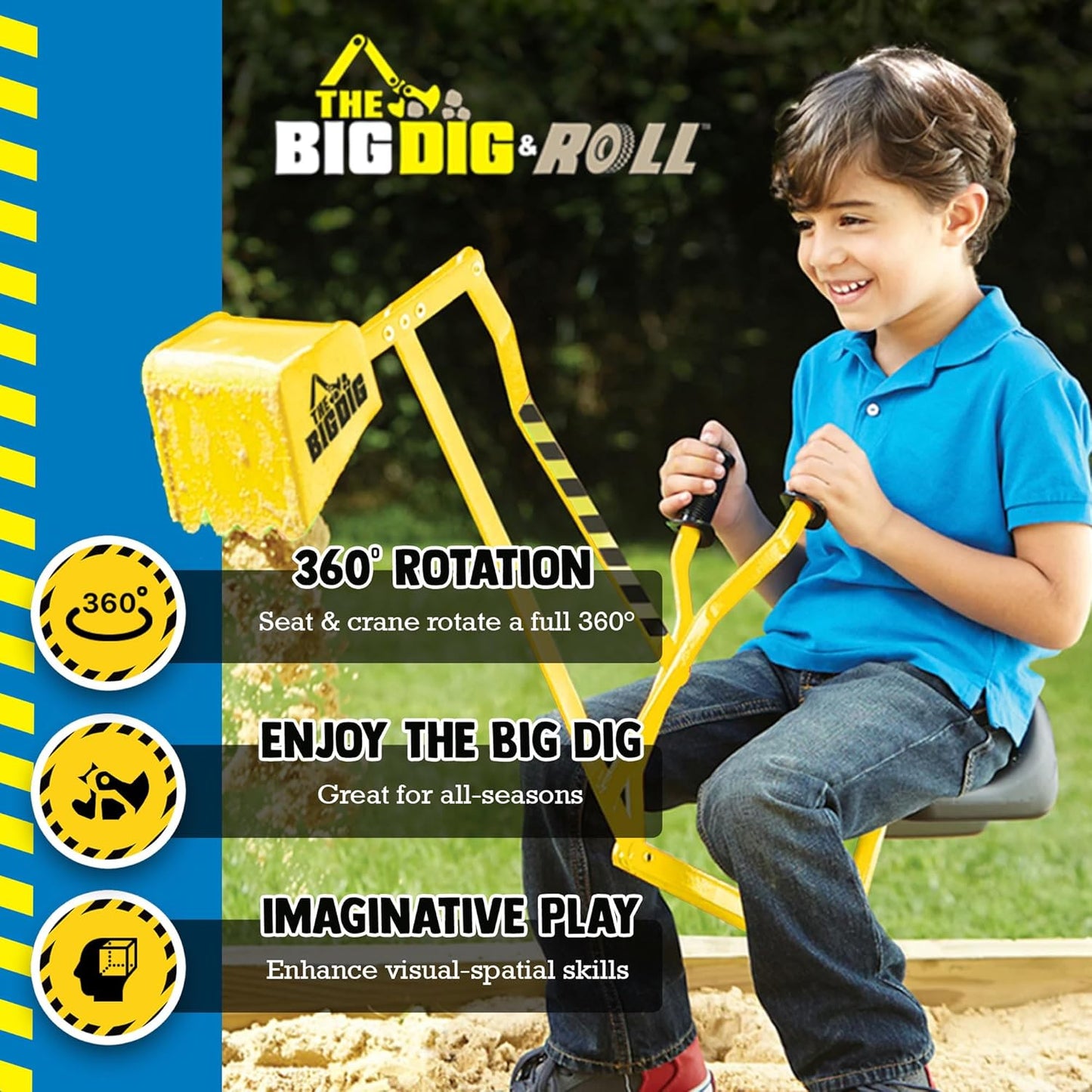 Big Dig Metal Rolling Sandbox Sand Digger Excavator Crane with 360 Degree Rotation Base for Children 3 Years Old and Up, Yellow