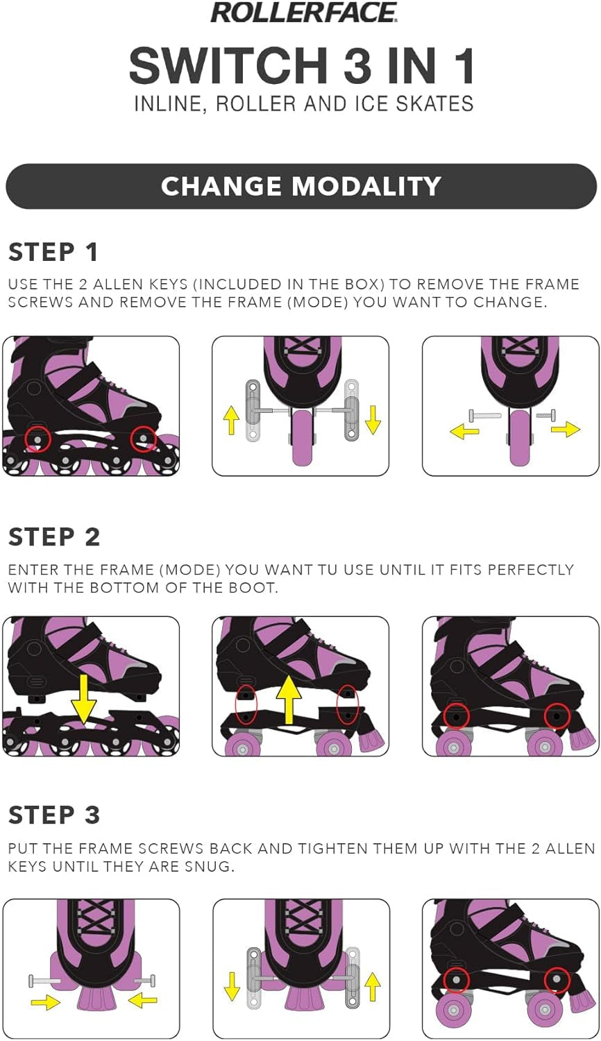 Switch 3-In-1, Sport, Outdoor and Recreation Inline Skate, Roller Skate, and Ice Skate. (Adjustable up to 3 Sizes)