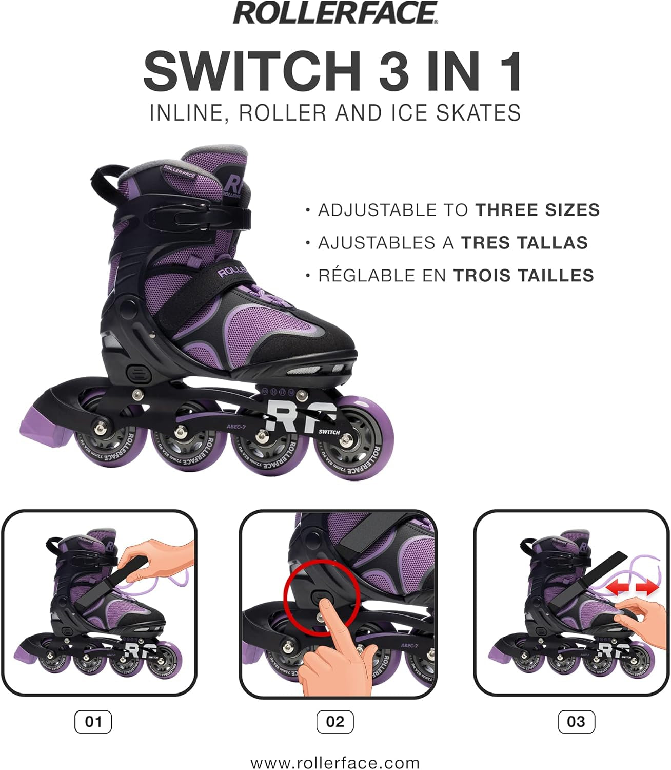 Switch 3-In-1, Sport, Outdoor and Recreation Inline Skate, Roller Skate, and Ice Skate. (Adjustable up to 3 Sizes)