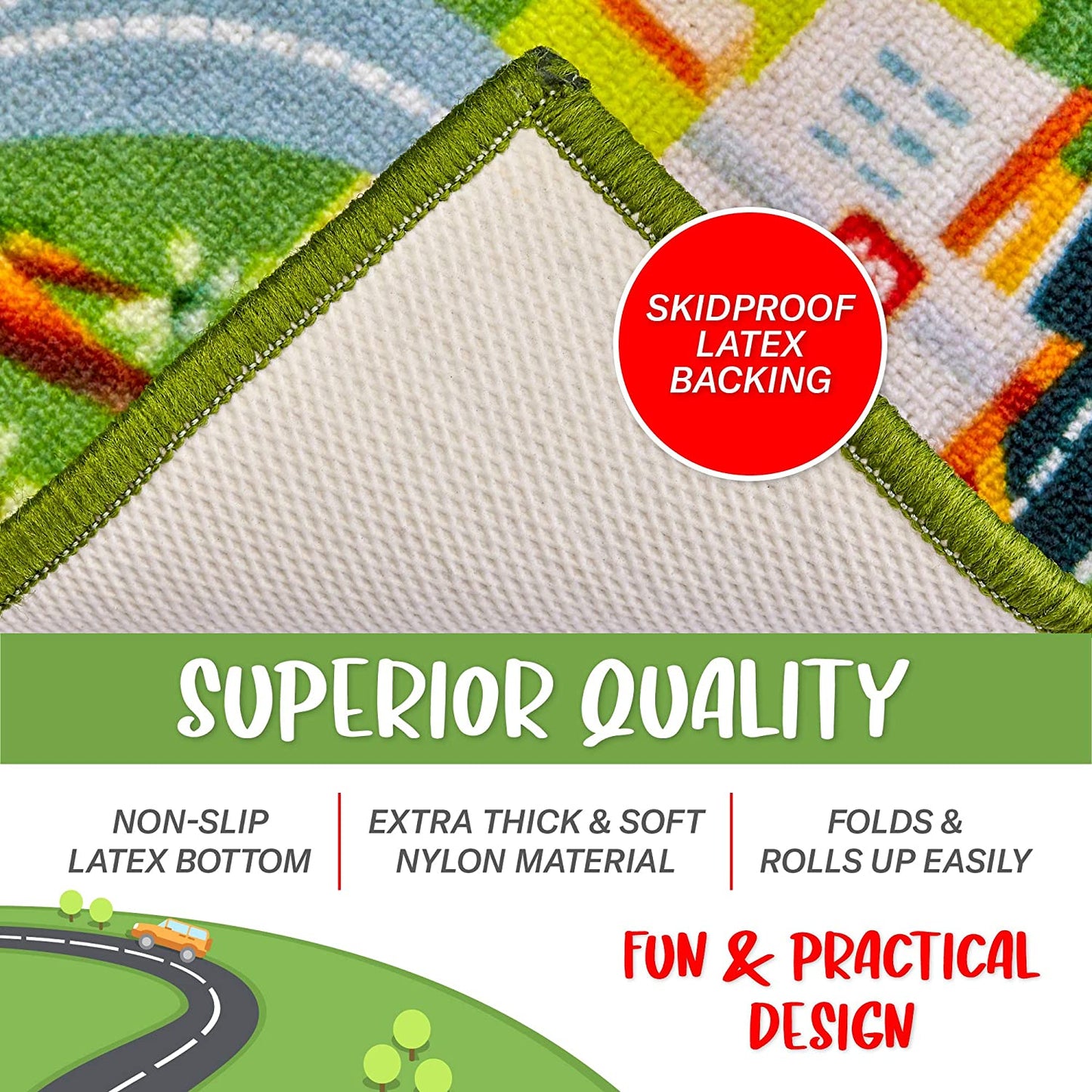 Kids Car Rug Play Mat - Vibrant Kids Carpet for Toy Cars, Road Rug Adventures in Toddler Room - Durable, Non-Slip & Easy Clean