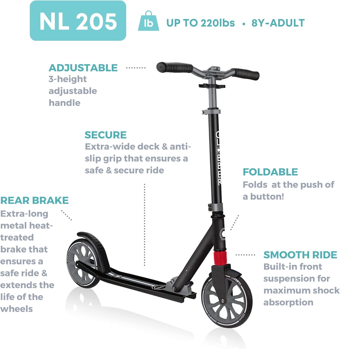 NL 205 Folding Scooter with 2 Wheels with Front Suspension for Children Aged 8+