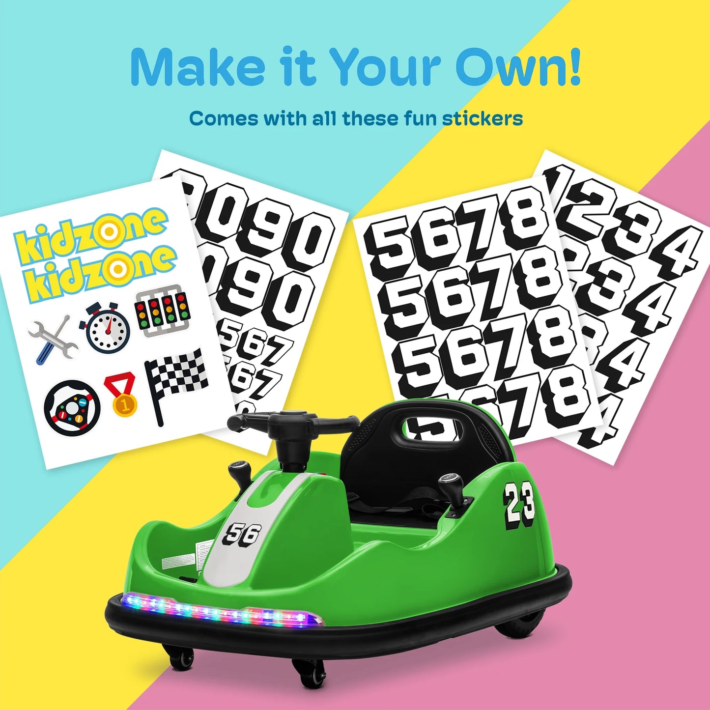 DIY Sticker Race #00-99 Twin-Motor 12V Kids Toy Electric Ride on Bumper Car Vehicle for 1.5-6 Years Boys & Girls,Remote Control Bluetooth Music 360 Spin Astm-Certified, Green
