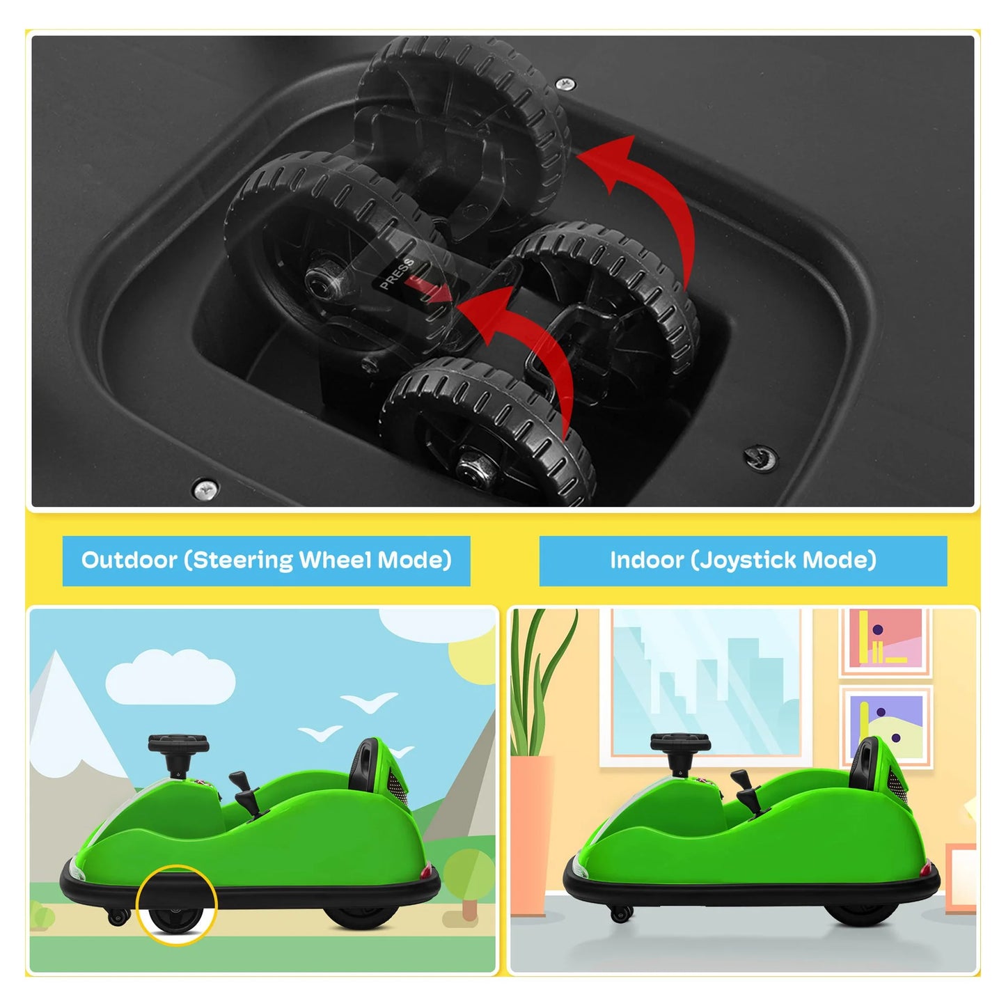DIY Sticker Race #00-99 Twin-Motor 12V Kids Toy Electric Ride on Bumper Car Vehicle for 1.5-6 Years Boys & Girls,Remote Control Bluetooth Music 360 Spin Astm-Certified, Green