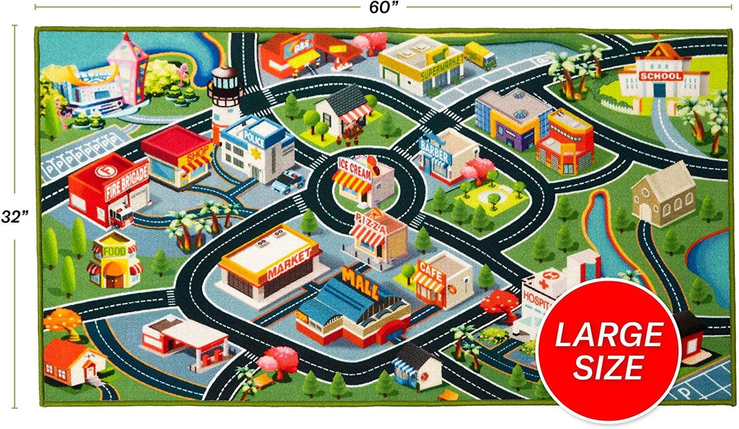 Kids Car Rug Play Mat - Vibrant Kids Carpet for Toy Cars, Road Rug Adventures in Toddler Room - Durable, Non-Slip & Easy Clean