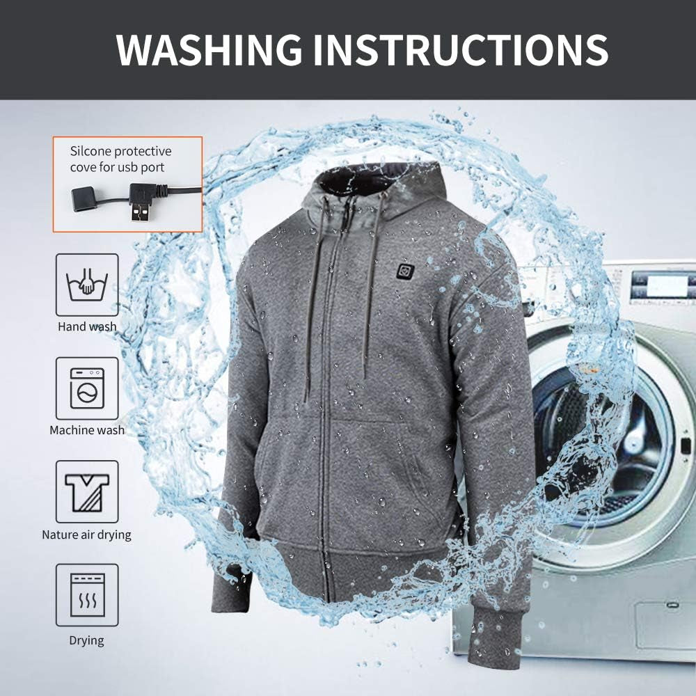 Heated Hoodie with USB 5V 10000Mah Battery Pack Men and Women (Unisex) Washable Zip Fleece Hooded Sweatshirt