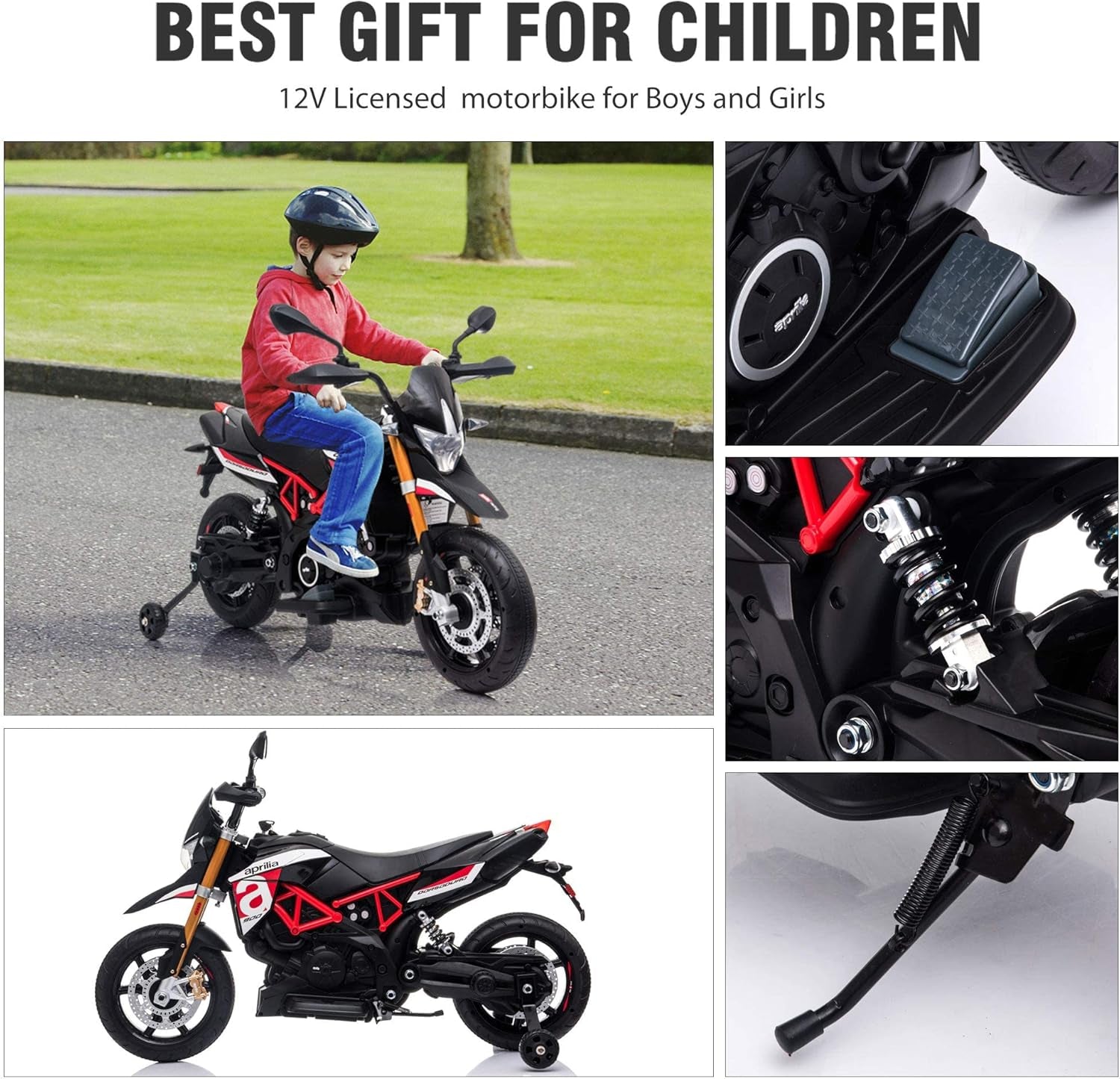 12V Aprilia Licensed Kids Ride-On Motorcycle Dirt Bikes for Kids with Training Wheels, Spring Suspension, Lights, Music Story USB MP3 (Red)