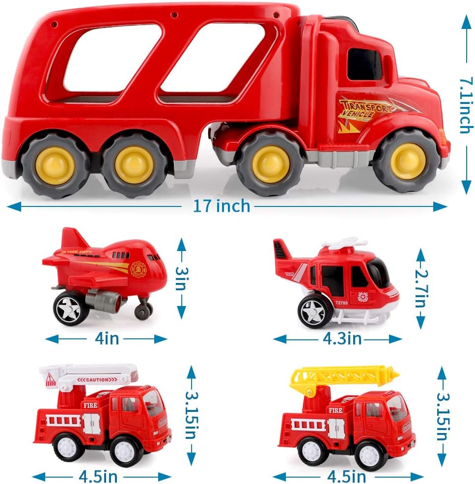 Fire Truck Toys for 3 4 5 Years Old Boys Kids Toddlers, Vehicles Toy Set with Light and Sound, Large Transport Cargo Truck, Small Helicopter, Airplane, Emergency Rescue Cars, 5 in 1 Playset