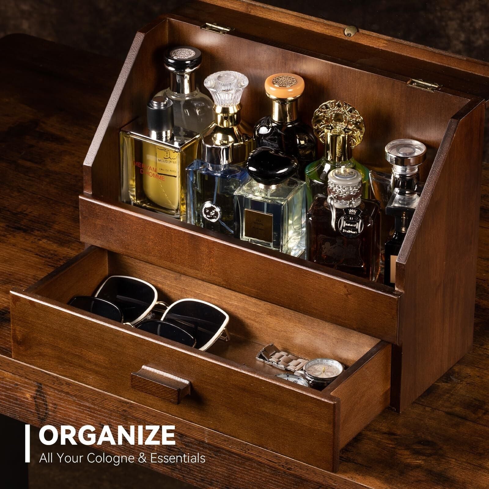 Cologne Organizer for Men, Wood Perfume Organizer Storage with Drawer & Acryl...