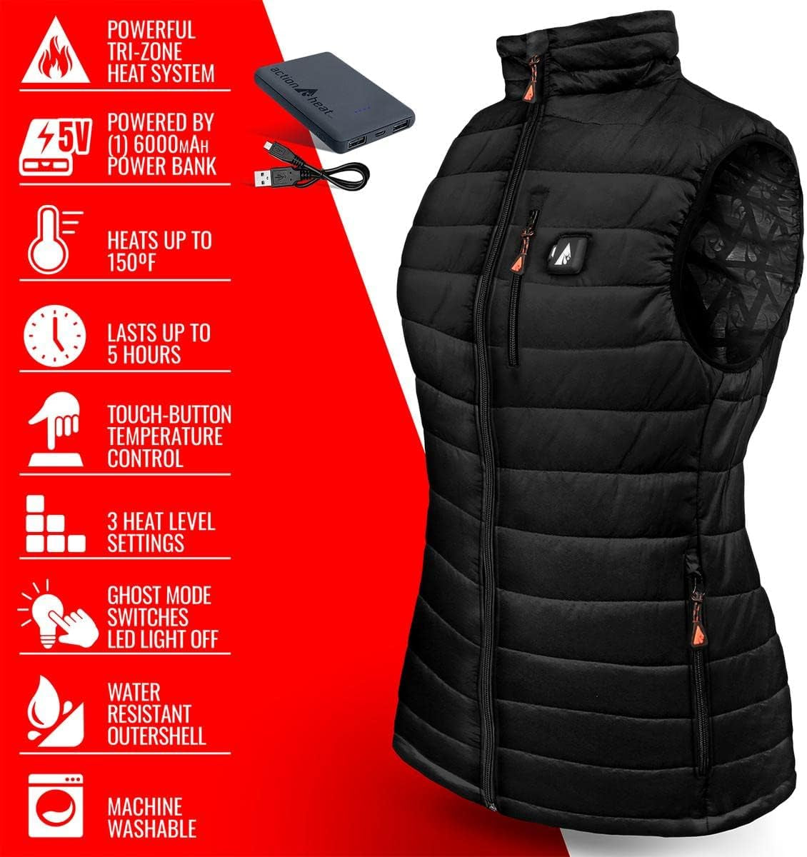 5V Battery Heated Insulated Puffer Vest for Women – Heat Clothing, Tri-Zone Heating System Winter Outdoor