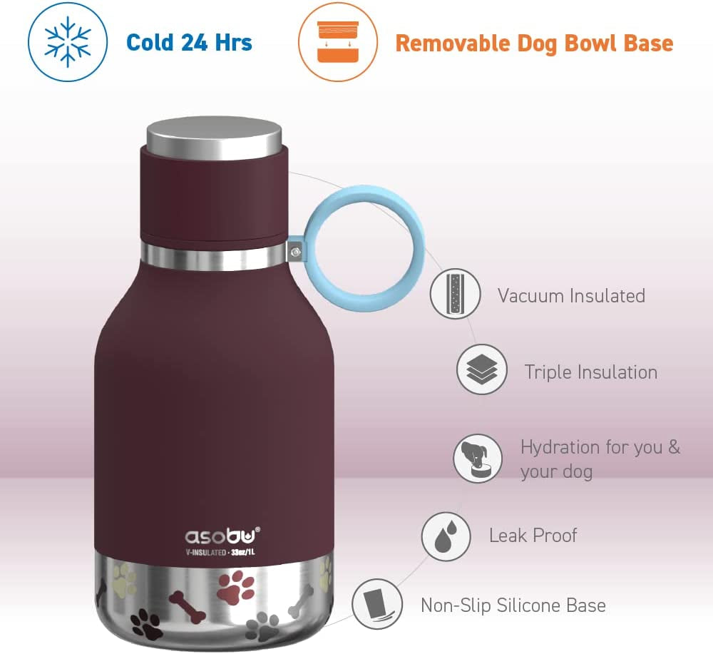 Dog Bowl Attached to Stainless Steel Insulated Travel Bottle for Human 33 Ounce (Burgundy)