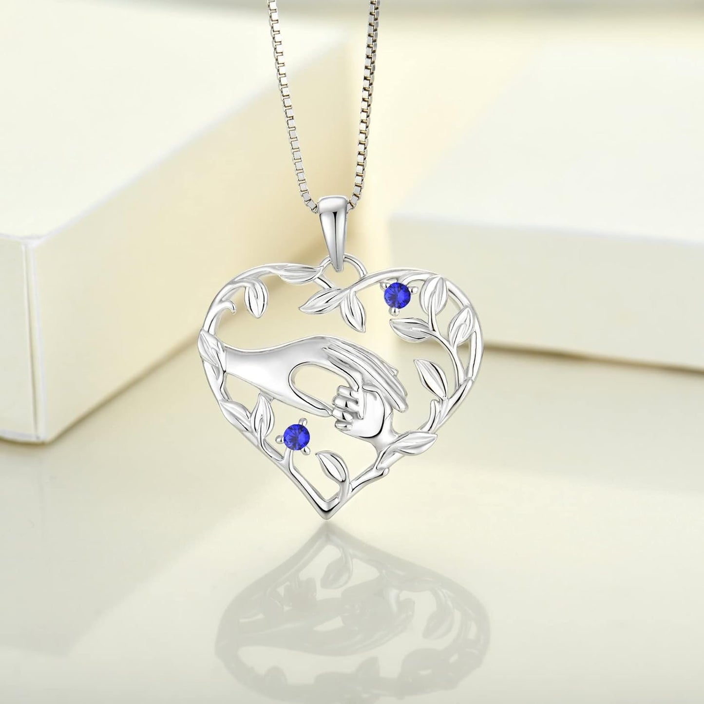 Heart Mother Necklace 925 Sterling Silver Mom Hand Pendant Birthstone Leaf Jewelry for Women