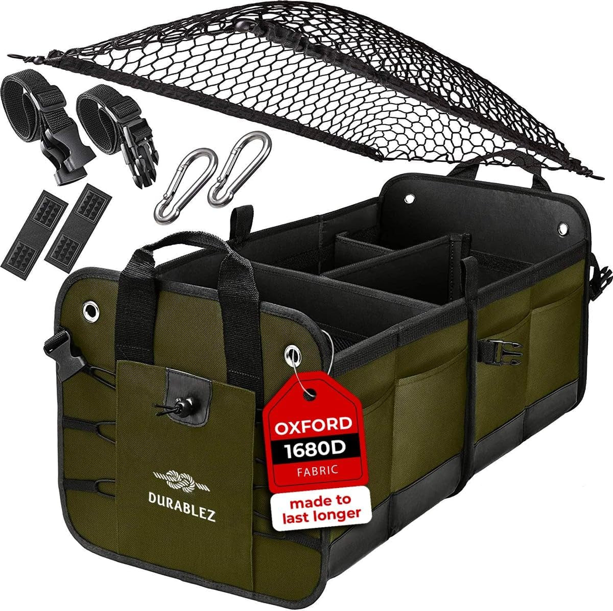 Car Trunk Organizer - Collapsible, Foldable - with Covering Net, Removable Dividers, Attachable Non-Slip Pads, Mounting Straps, and Stainless Hooks - for SUV, Truck, Sedan, Minivan, and Van - Green