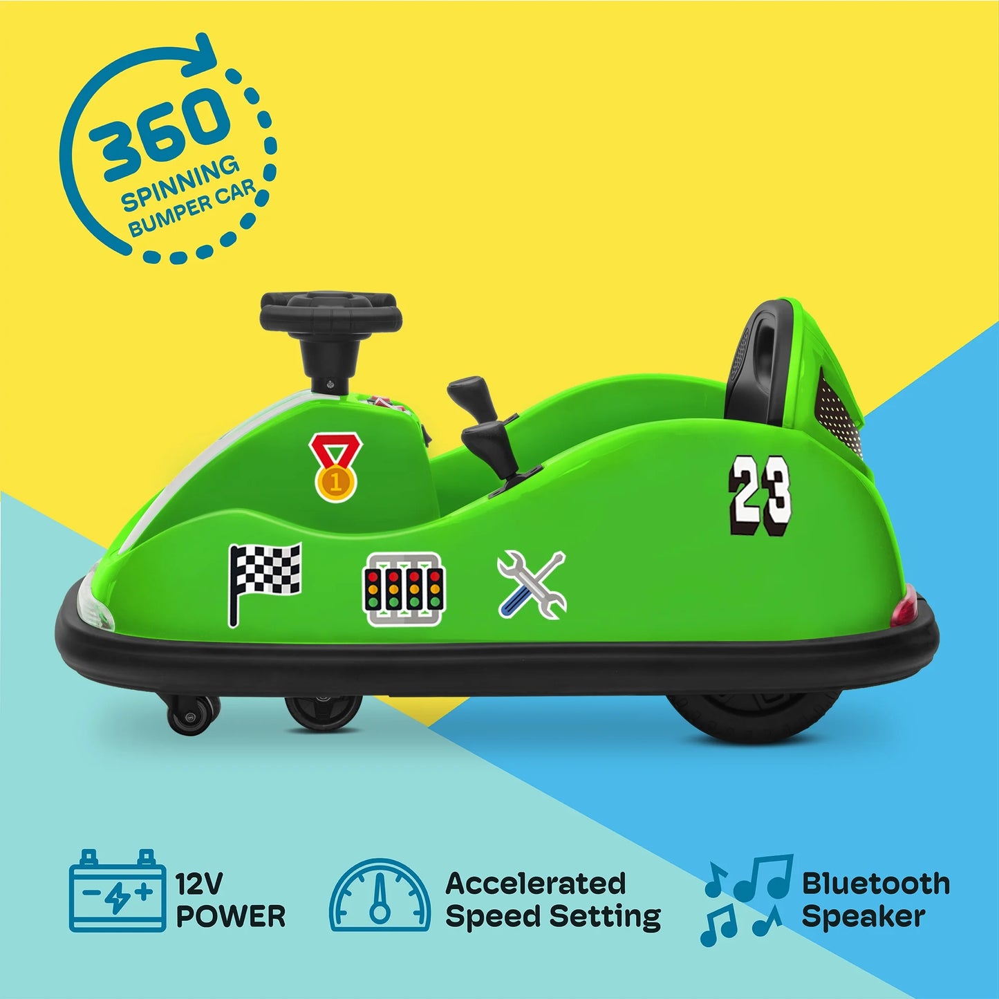 DIY Sticker Race #00-99 Twin-Motor 12V Kids Toy Electric Ride on Bumper Car Vehicle for 1.5-6 Years Boys & Girls，Remote Control Bluetooth Music 360 Spin Astm-Certified, Green