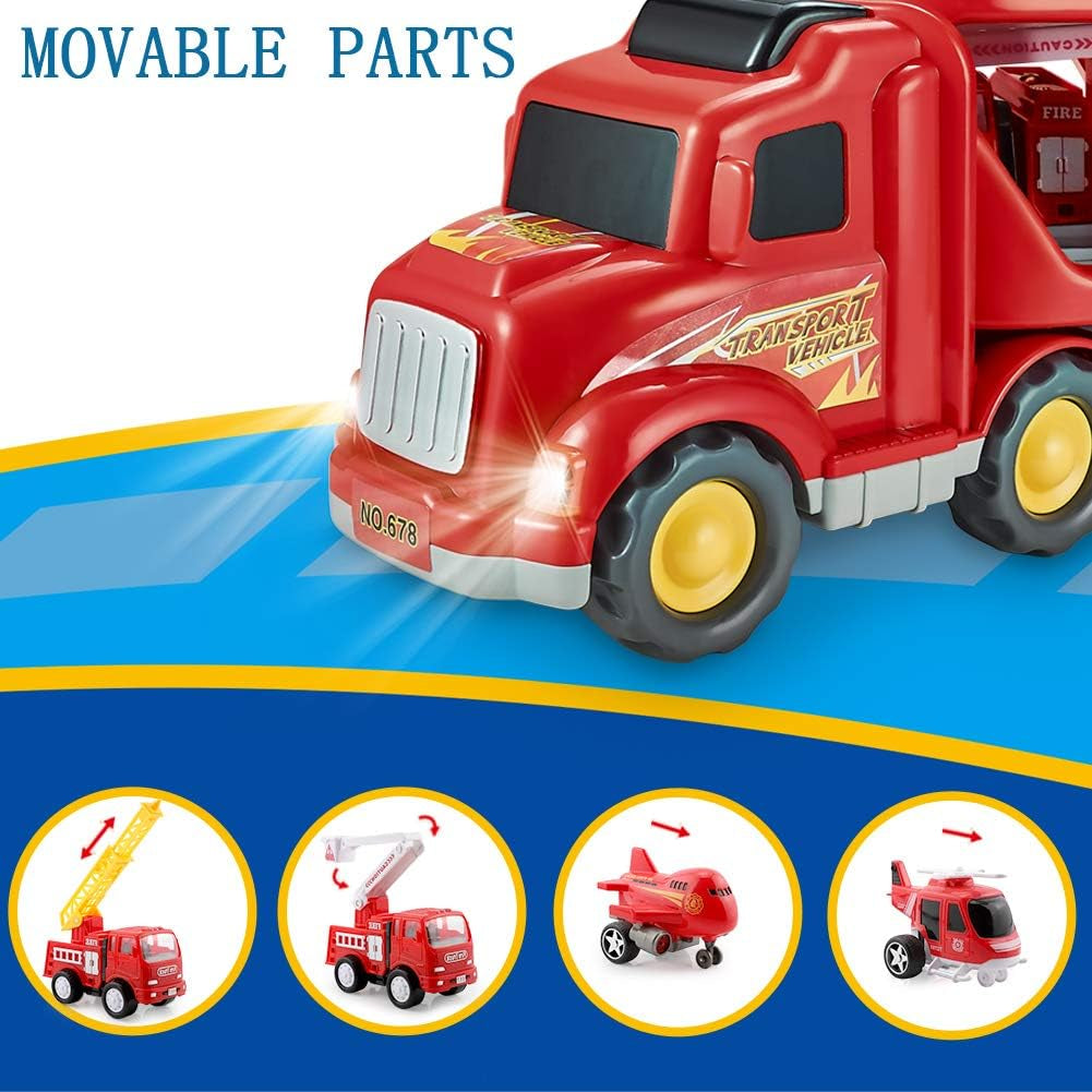 Fire Truck Toys for 3 4 5 Years Old Boys Kids Toddlers, Vehicles Toy Set with Light and Sound, Large Transport Cargo Truck, Small Helicopter, Airplane, Emergency Rescue Cars, 5 in 1 Playset