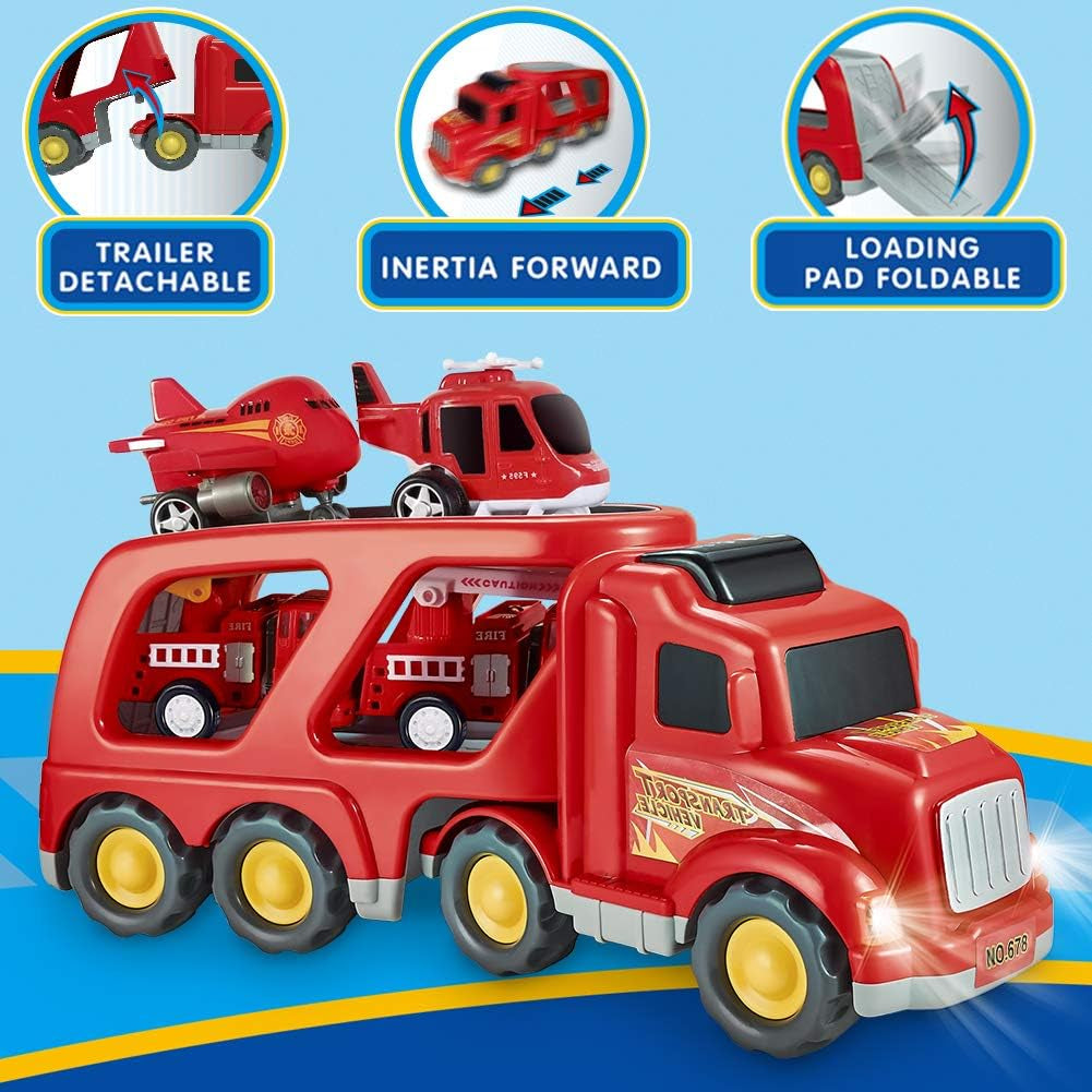 Fire Truck Toys for 3 4 5 Years Old Boys Kids Toddlers, Vehicles Toy Set with Light and Sound, Large Transport Cargo Truck, Small Helicopter, Airplane, Emergency Rescue Cars, 5 in 1 Playset