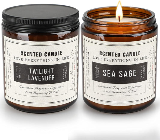 Candles for Home Scented, Scented Candles, Twilight Lavender and Sea Sage, 14.4 Oz- Pack of 2 with Amber Glass Jars Package, 100 Hour Burn Time, Soy Candles for Ideal Gifts for Various Festivals