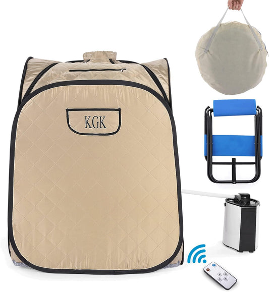 Portable Steam Sauna for Home, 3L Personal Sauna Steamer Full Body, 800W Indoor Sauna Tent, Steam Room with 9 Adjustable Temperature, Remote Control, Foldable Chair for Detox, Relaxation (Linen)