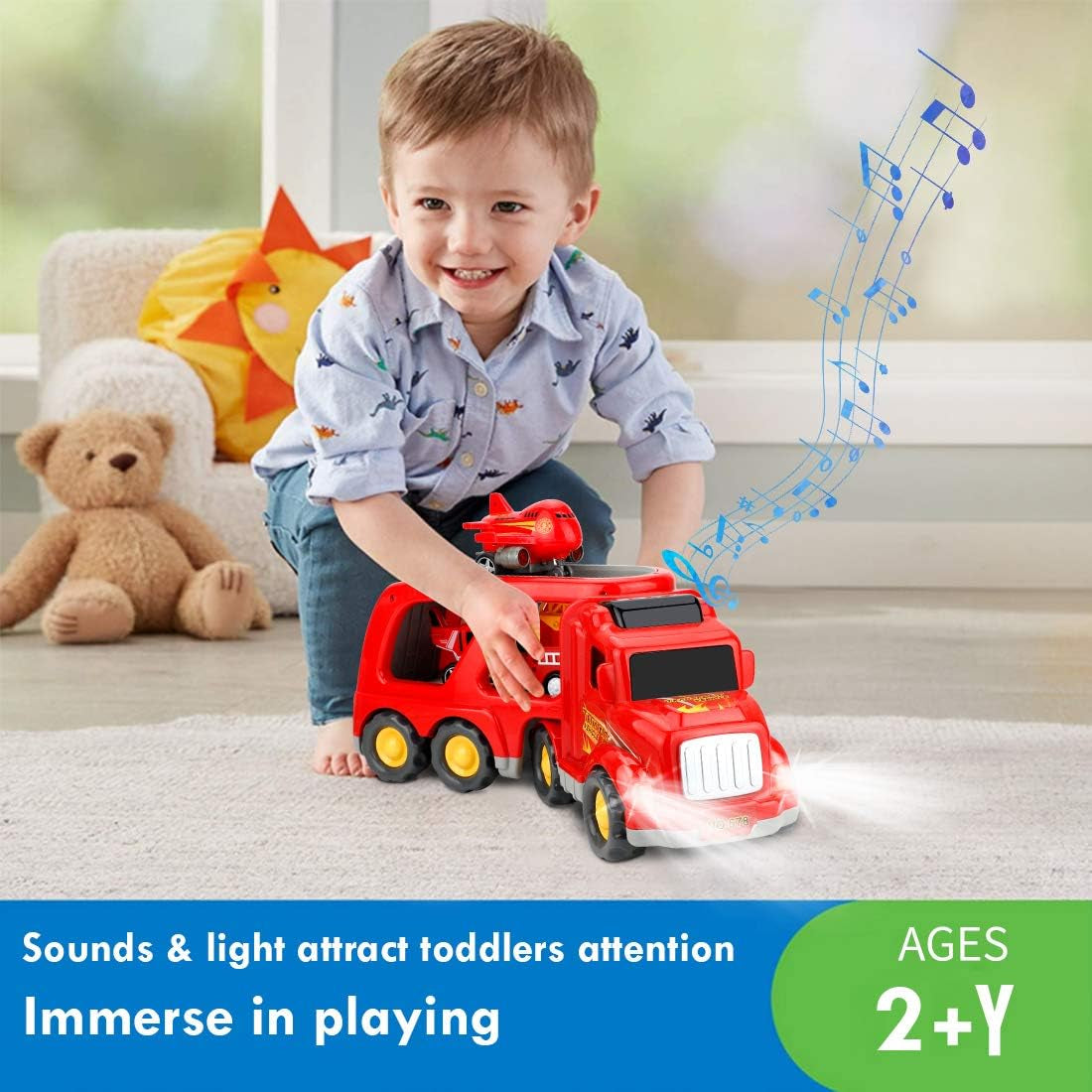 Fire Truck Toys for 3 4 5 Years Old Boys Kids Toddlers, Vehicles Toy Set with Light and Sound, Large Transport Cargo Truck, Small Helicopter, Airplane, Emergency Rescue Cars, 5 in 1 Playset