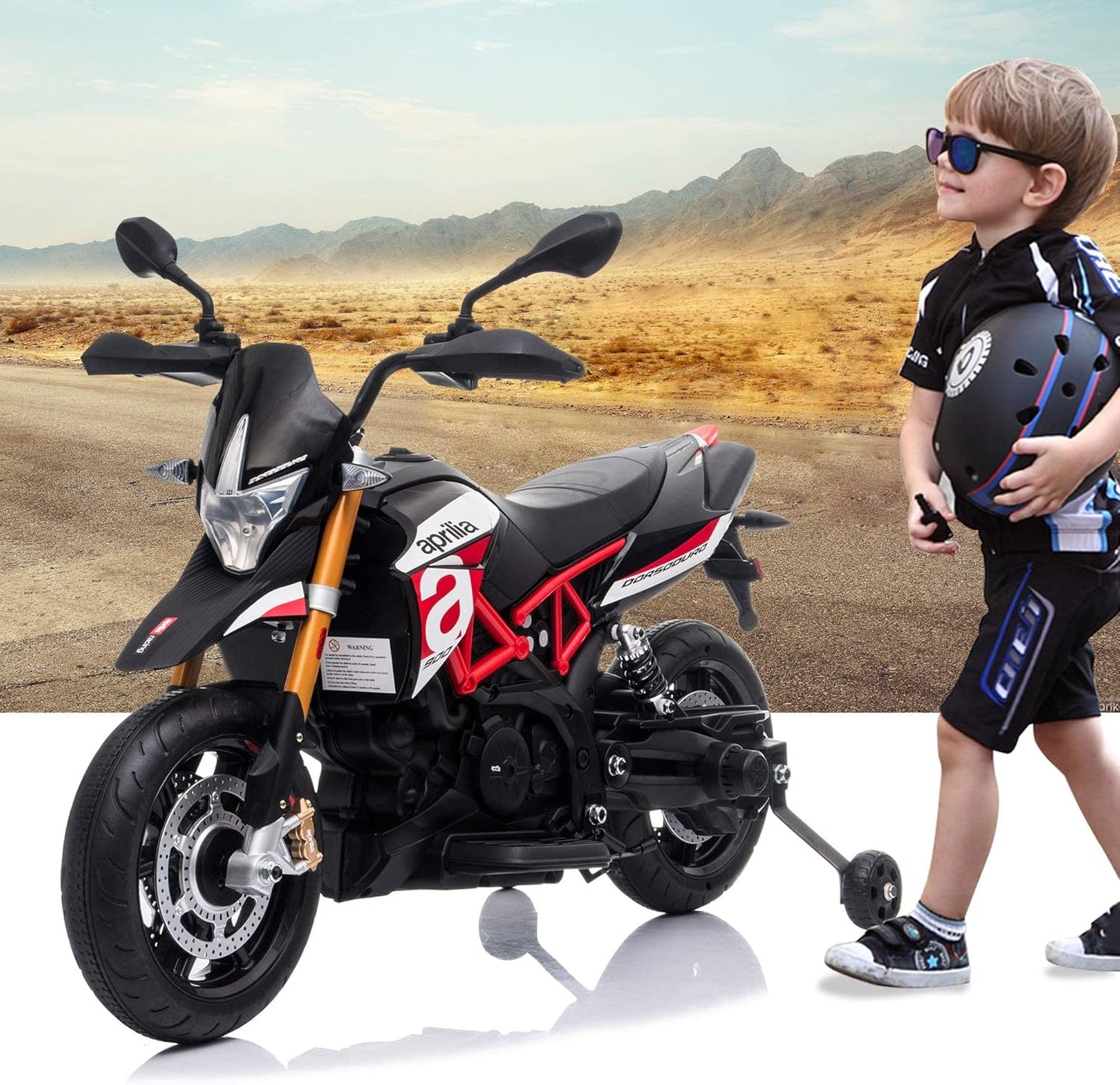 12V Aprilia Licensed Kids Ride-On Motorcycle Dirt Bikes for Kids with Training Wheels, Spring Suspension, Lights, Music Story USB MP3 (Red)