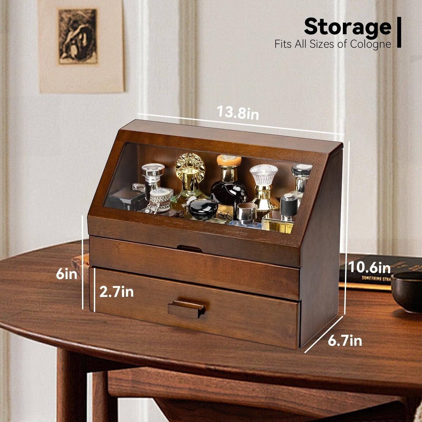 Cologne Organizer for Men, Wood Perfume Organizer Storage with Drawer & Acryl...