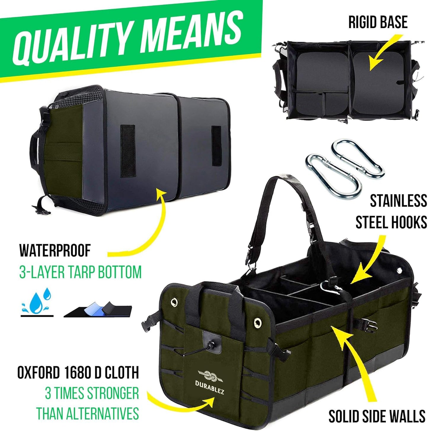 Car Trunk Organizer - Collapsible, Foldable - with Covering Net, Removable Dividers, Attachable Non-Slip Pads, Mounting Straps, and Stainless Hooks - for SUV, Truck, Sedan, Minivan, and Van - Green