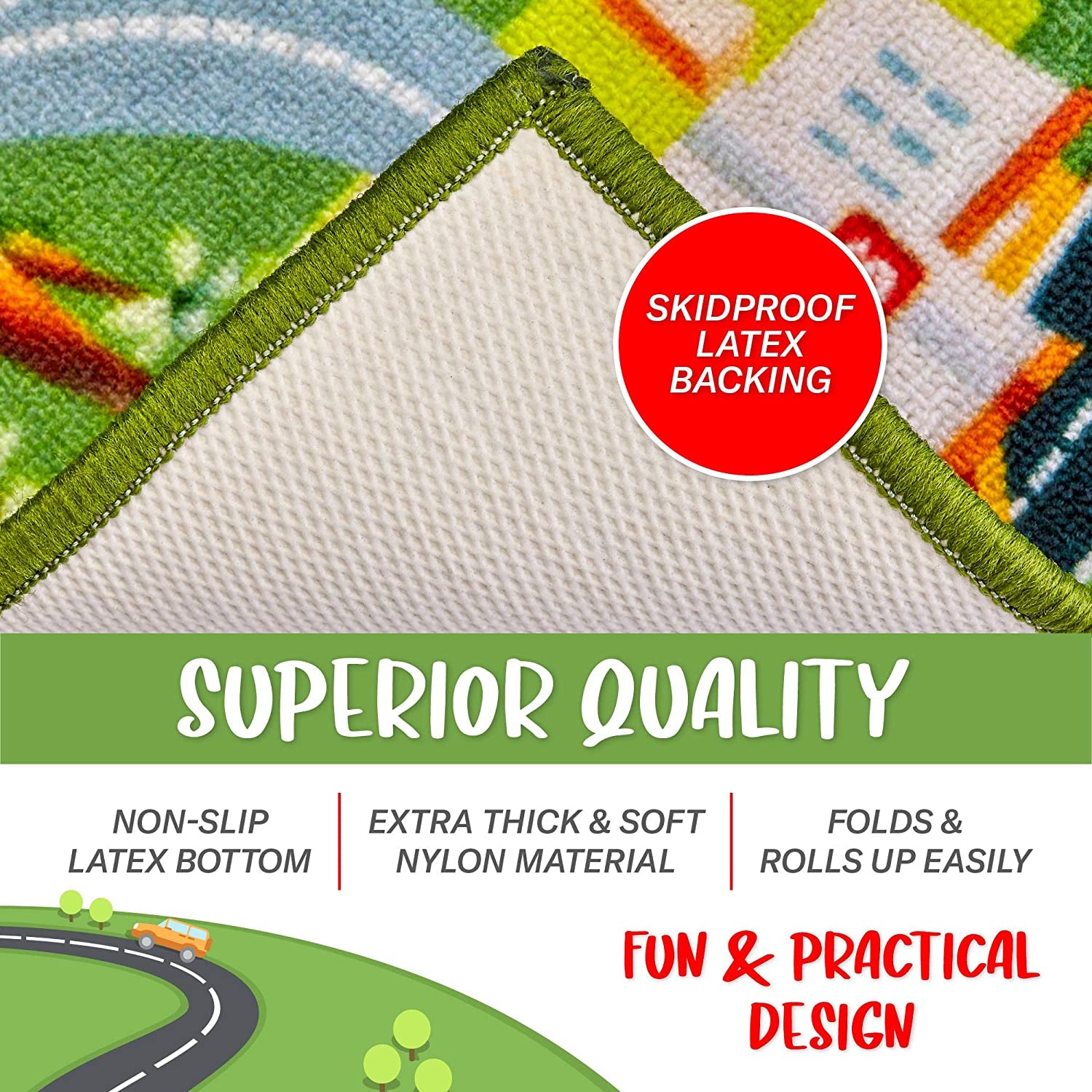 Kids Car Rug Play Mat - Vibrant Kids Carpet for Toy Cars, Road Rug Adventures in Toddler Room - Durable, Non-Slip & Easy Clean