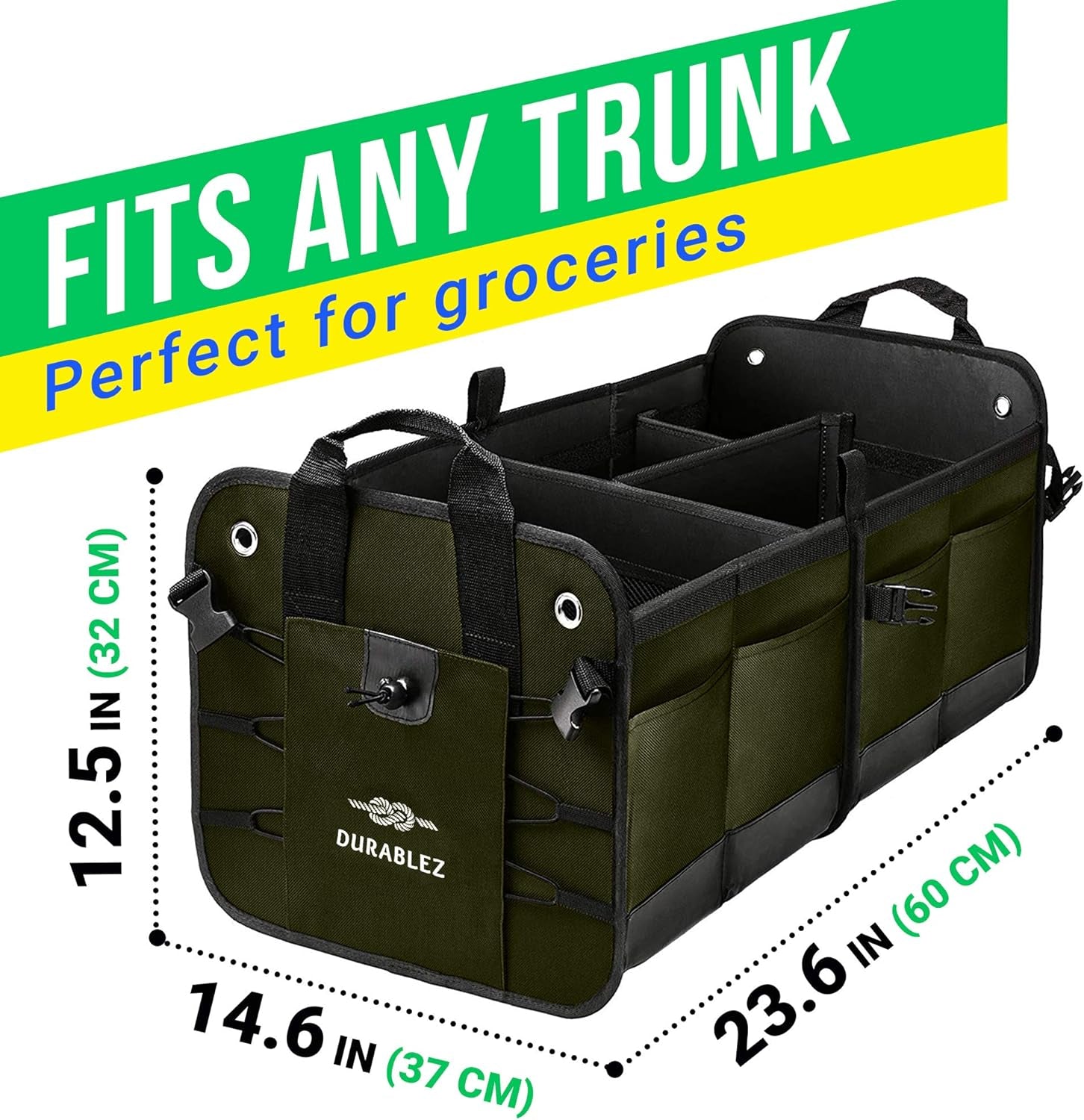 Car Trunk Organizer - Collapsible, Foldable - with Covering Net, Removable Dividers, Attachable Non-Slip Pads, Mounting Straps, and Stainless Hooks - for SUV, Truck, Sedan, Minivan, and Van - Green