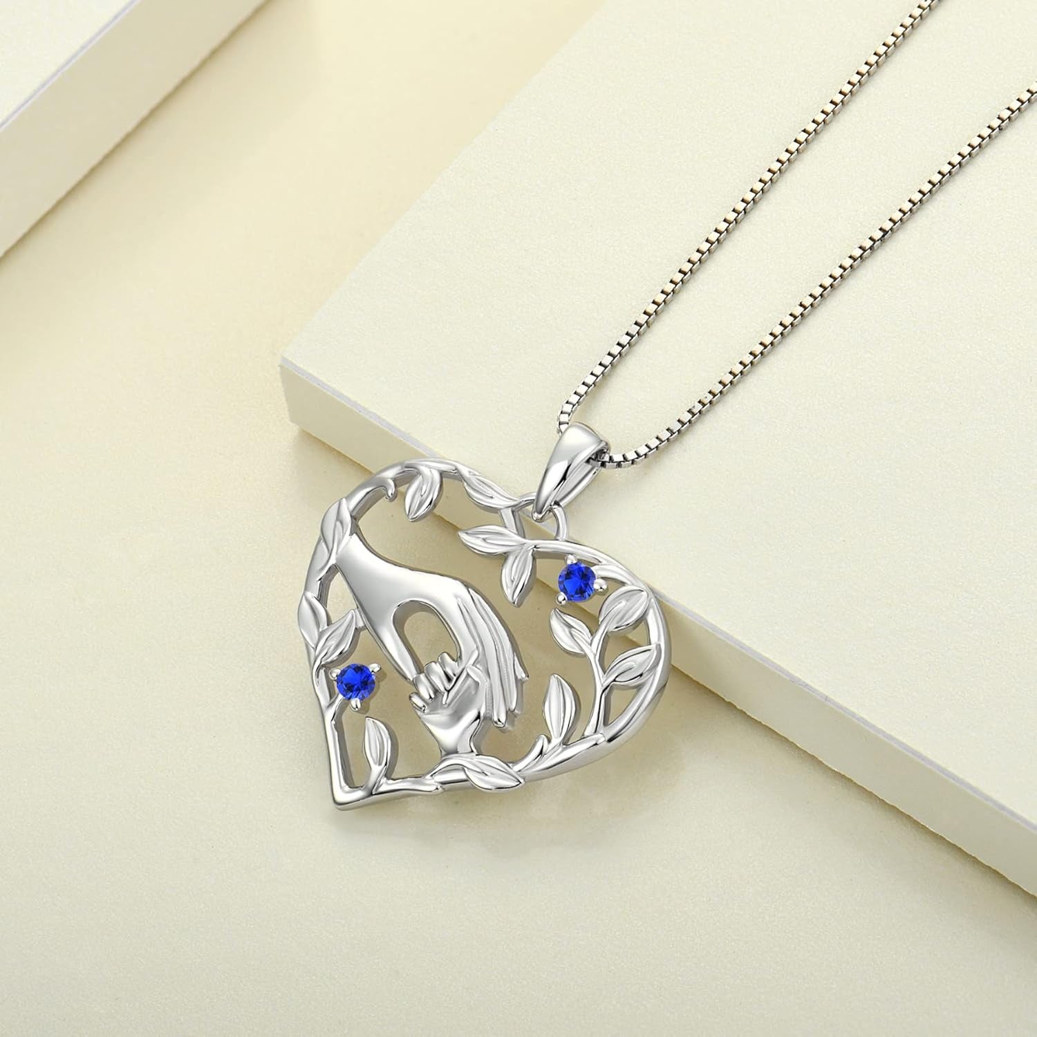 Heart Mother Necklace 925 Sterling Silver Mom Hand Pendant Birthstone Leaf Jewelry for Women