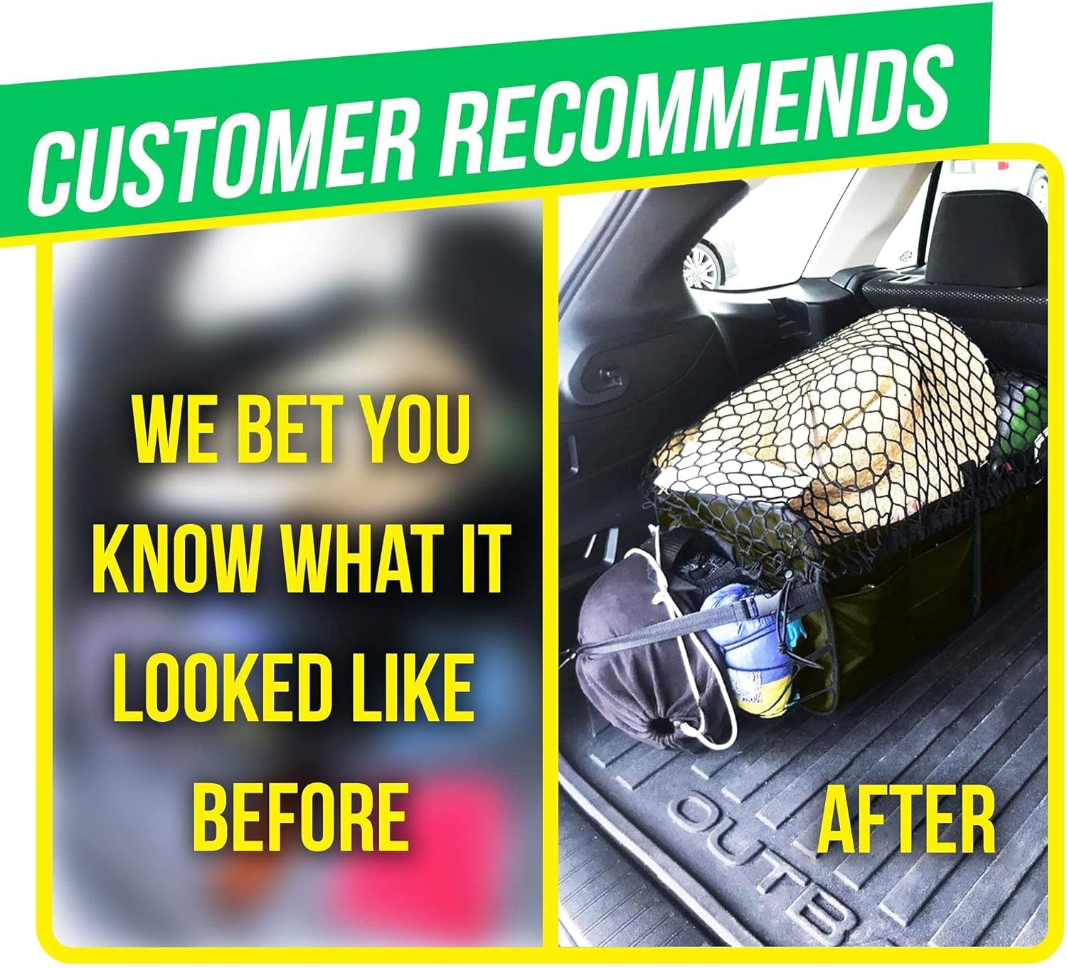 Car Trunk Organizer - Collapsible, Foldable - with Covering Net, Removable Dividers, Attachable Non-Slip Pads, Mounting Straps, and Stainless Hooks - for SUV, Truck, Sedan, Minivan, and Van - Green