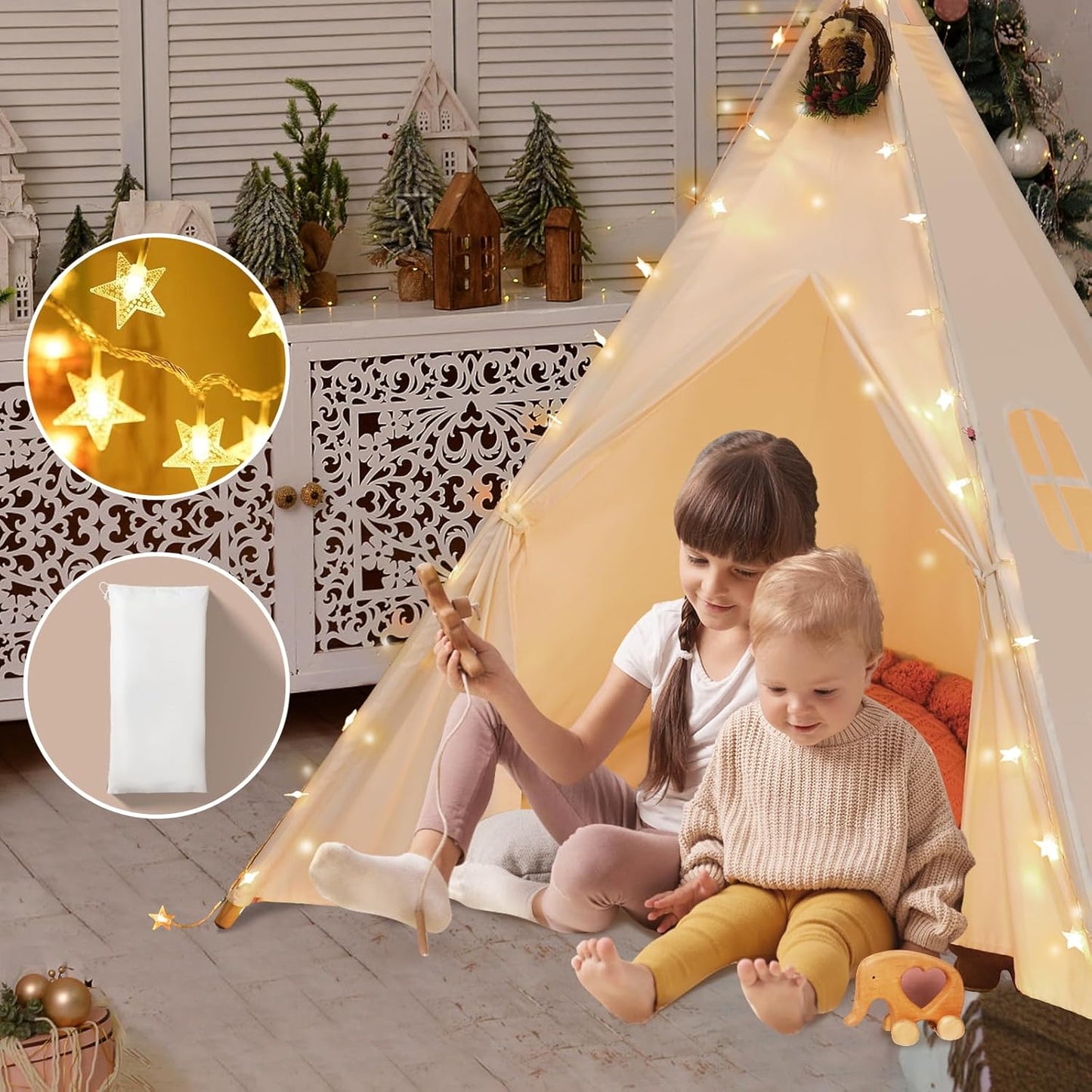 Teepee Tent for Kids with Carry Case, Natural Canvas Teepee Play Tent, Toys for Girls/Boys Indoor & Outdoor Playing (White Teepee Tent)