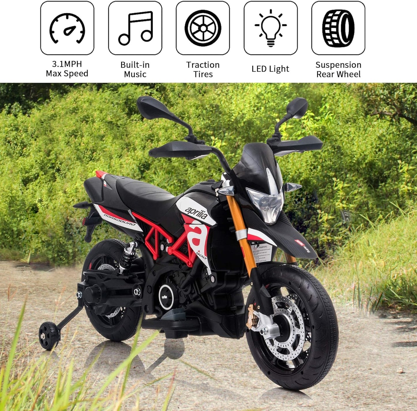 12V Aprilia Licensed Kids Ride-On Motorcycle Dirt Bikes for Kids with Training Wheels, Spring Suspension, Lights, Music Story USB MP3 (Red)