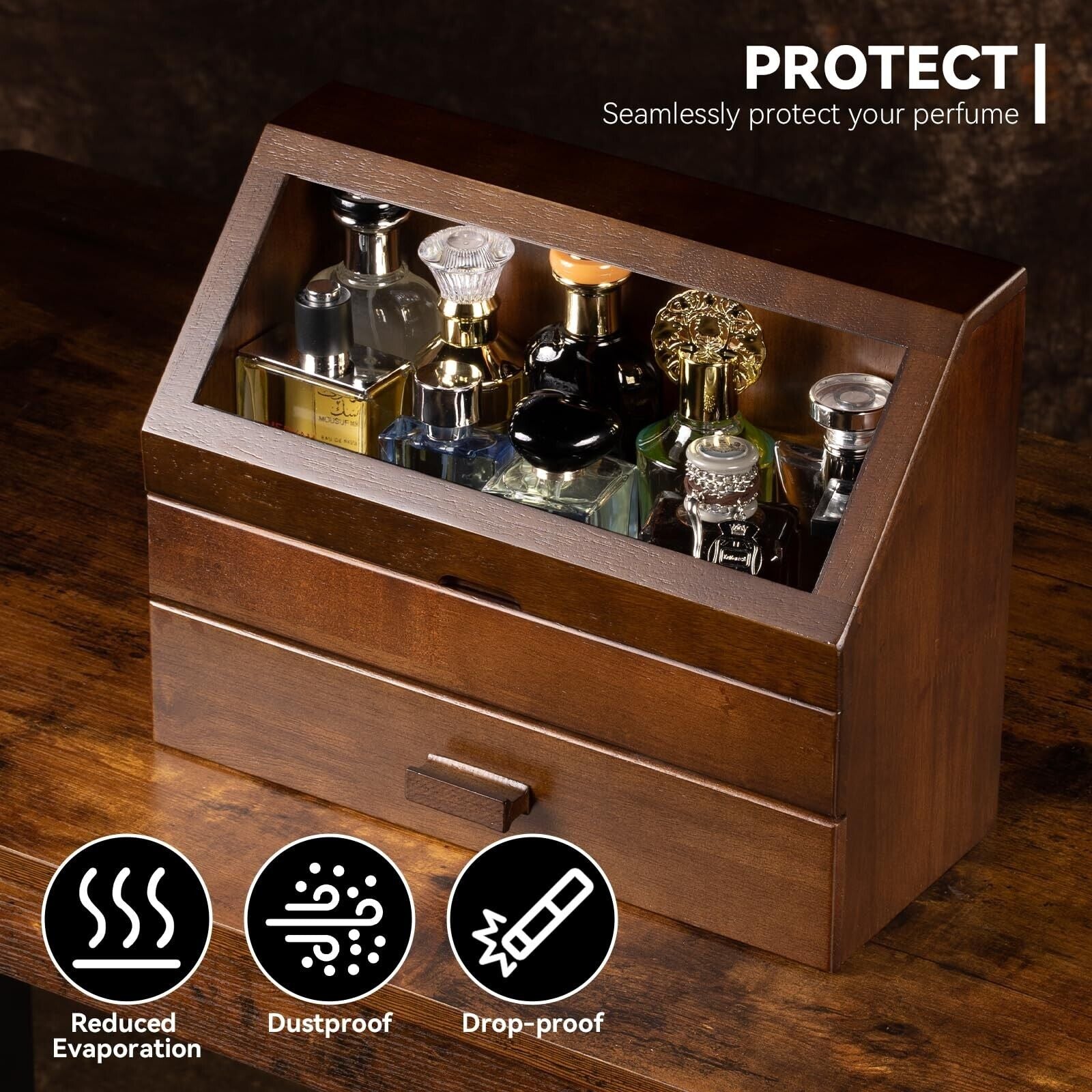 Cologne Organizer for Men, Wood Perfume Organizer Storage with Drawer & Acryl...