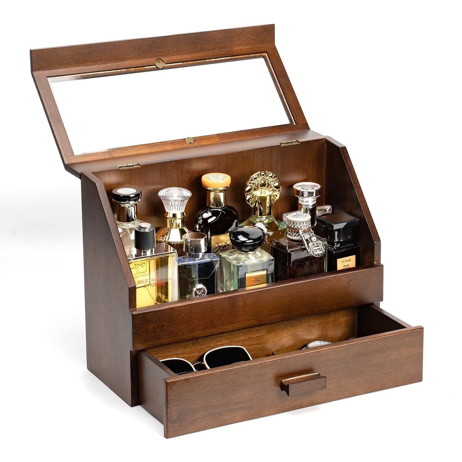 Cologne Organizer for Men, Wood Perfume Organizer Storage with Drawer & Acryl...