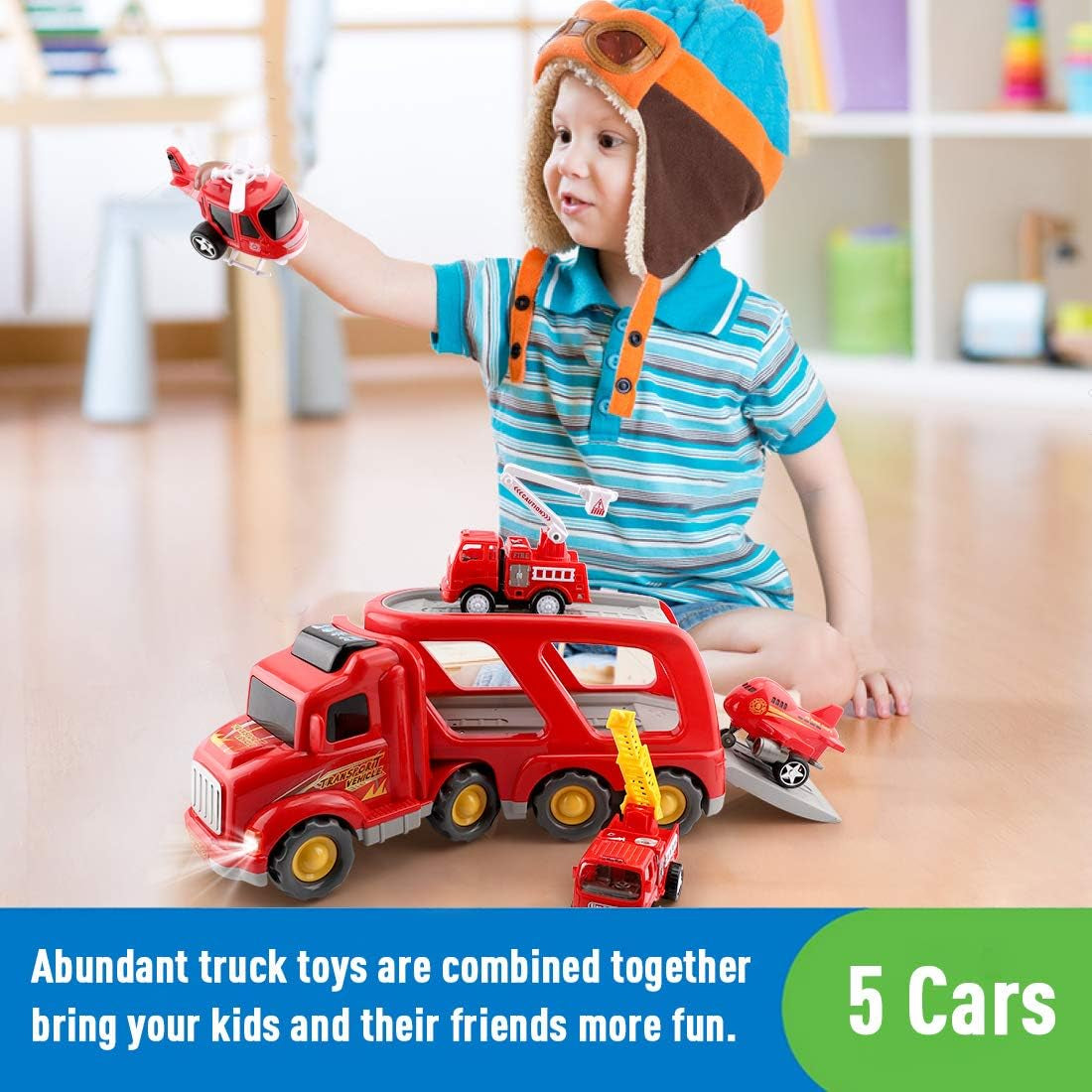 Fire Truck Toys for 3 4 5 Years Old Boys Kids Toddlers, Vehicles Toy Set with Light and Sound, Large Transport Cargo Truck, Small Helicopter, Airplane, Emergency Rescue Cars, 5 in 1 Playset