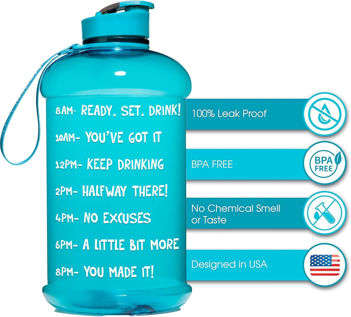 Half Gallon Water Bottle with Times to Drink BPA Free Leak Proof Reusable Jug with Handle 64 Oz