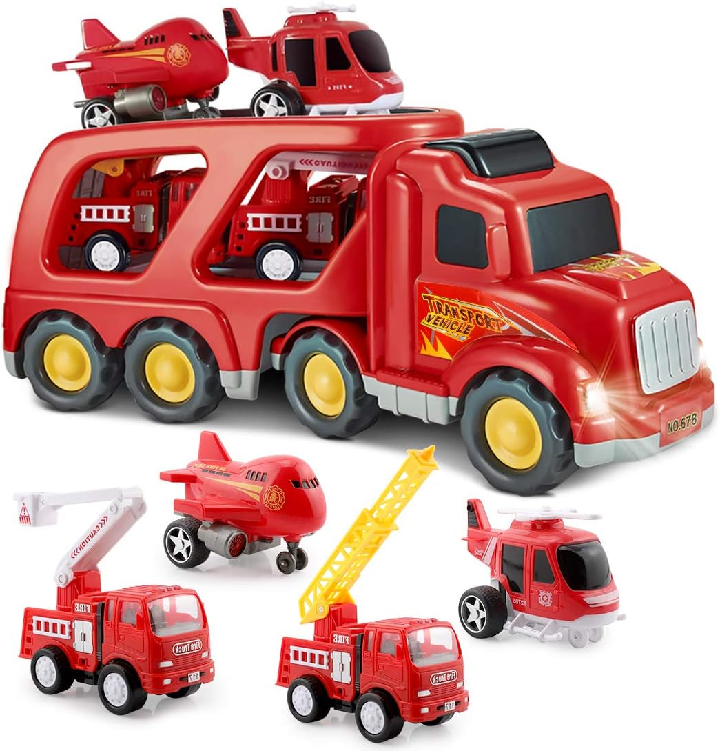 Fire Truck Toys for 3 4 5 Years Old Boys Kids Toddlers, Vehicles Toy Set with Light and Sound, Large Transport Cargo Truck, Small Helicopter, Airplane, Emergency Rescue Cars, 5 in 1 Playset