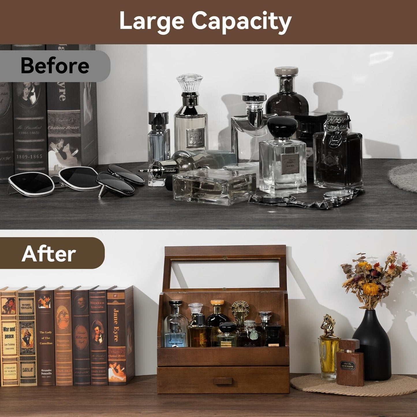 Cologne Organizer for Men, Wood Perfume Organizer Storage with Drawer & Acryl...