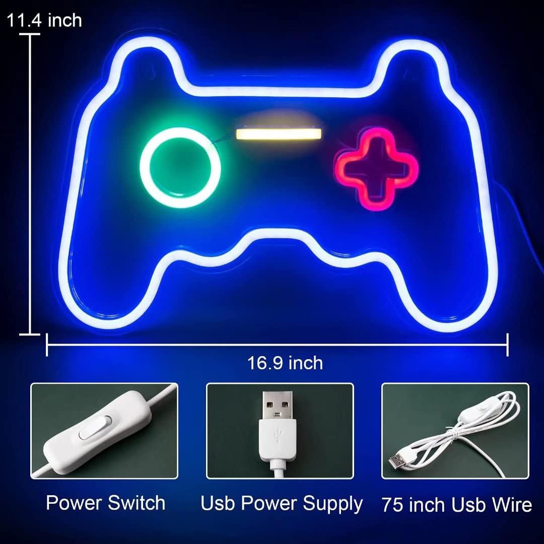 Neon Signs for Bedroom Wall Decor, Gaming Neon Lights for Game Room Decor, Game Controller USB Powered Switch LED Light up Sign Cool Gamer Wall Decoration Gifts for Teen Boy Christmas Gift, Man Cave