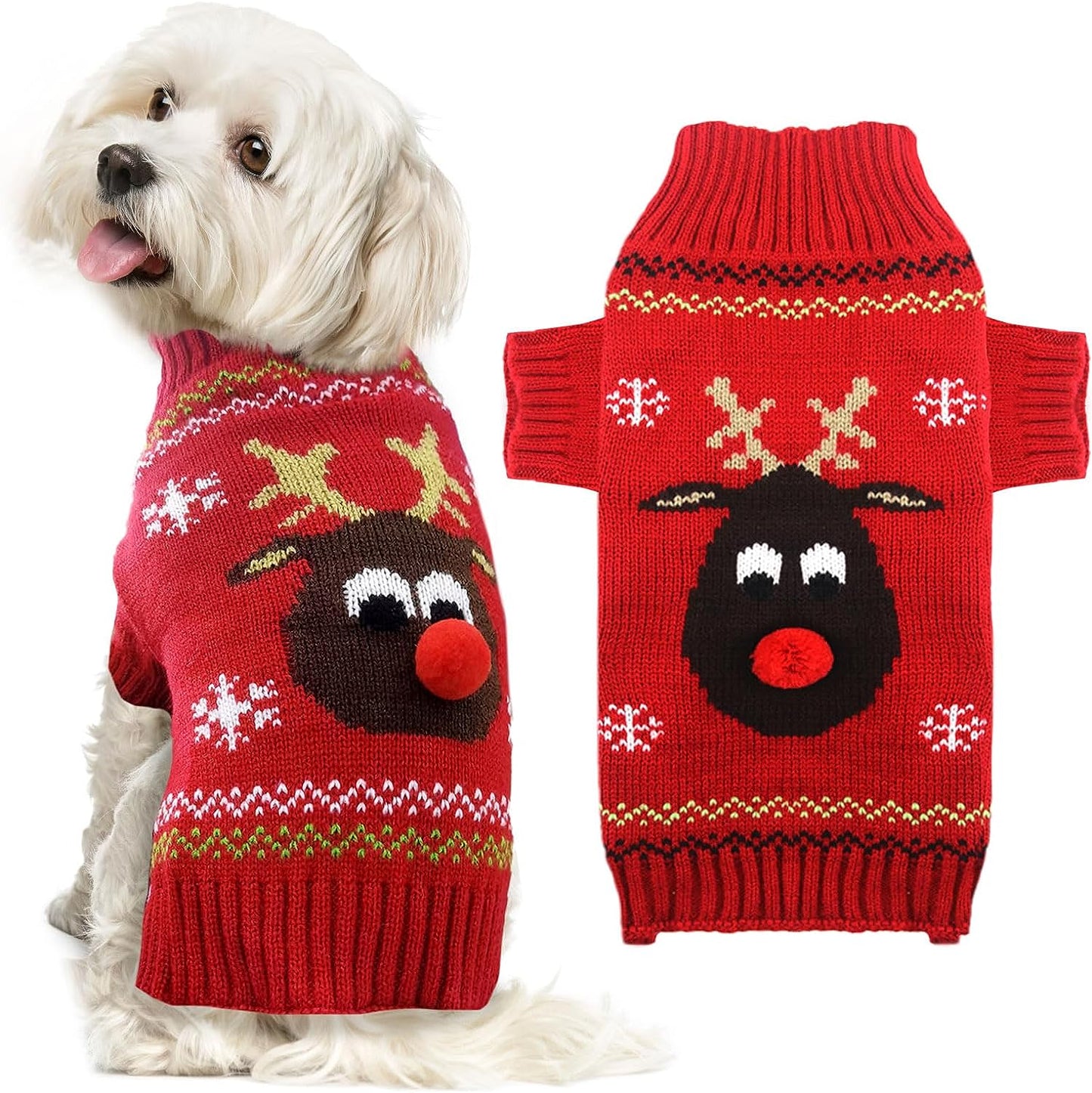 Ugly Christmas Dog Sweater Reindeer Xmas Dog Outfits Pet Dog Holiday Costumes Red Puppy Cat Winter Knitwear Clothes Turtleneck Warm Jumper Clothes for Small Medium Large Dogs(Red,S)