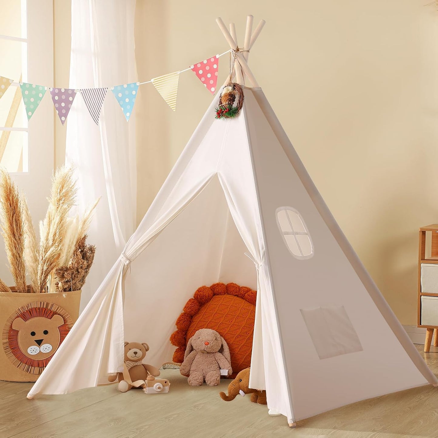 Teepee Tent for Kids with Carry Case, Natural Canvas Teepee Play Tent, Toys for Girls/Boys Indoor & Outdoor Playing (White Teepee Tent)